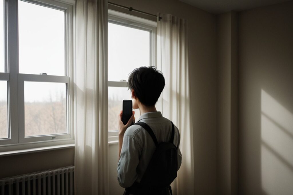Osoba widziana od tyłu stoi w pokoju przy oknie z firanami i trzyma w dłoni telefon