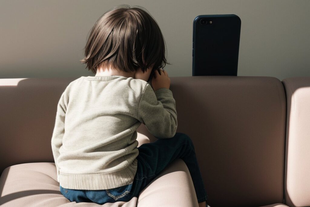 Dziecko siedzi tyłem na kanapie, obok na oparciu stoi czarny smartfon