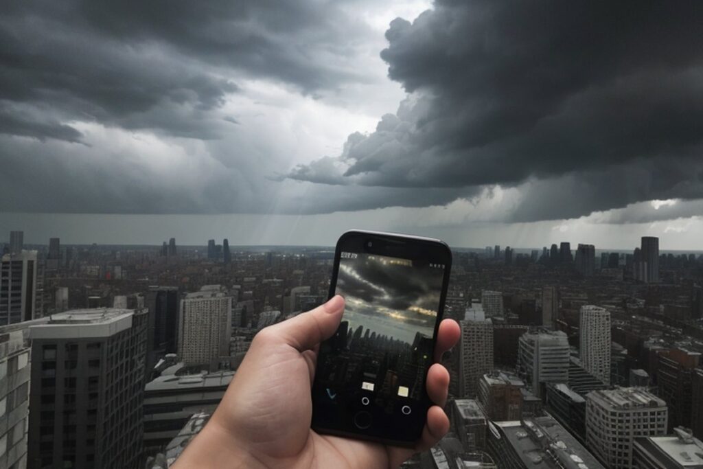 Dłoń trzyma smartfon na tle miasta pod ciemnymi chmurami burzowymi
