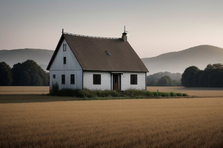 Samotny biały dom na polu zbóż u podnóża wzgórz o świcie