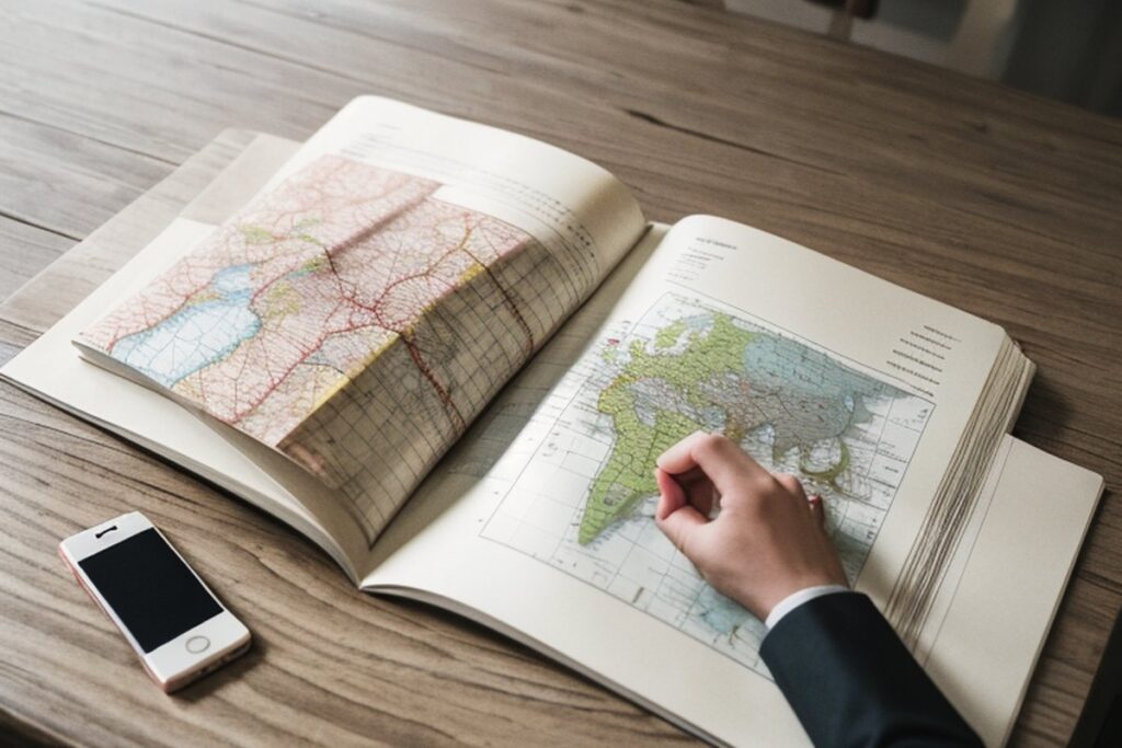 Dłoń na otwartym atlasie z mapą obok smartfona
