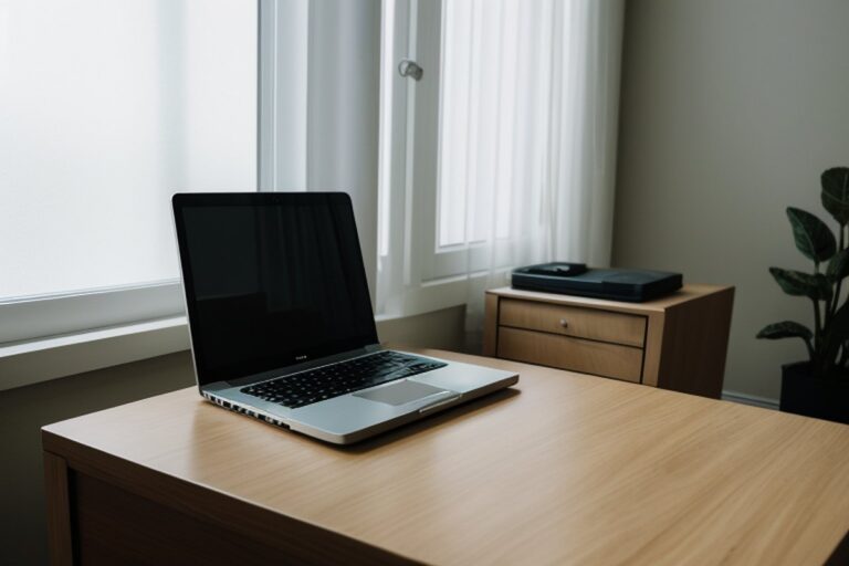 Laptop na drewnianym biurku przy oknie z firanką, na szafce obok leży płaskie urządzenie