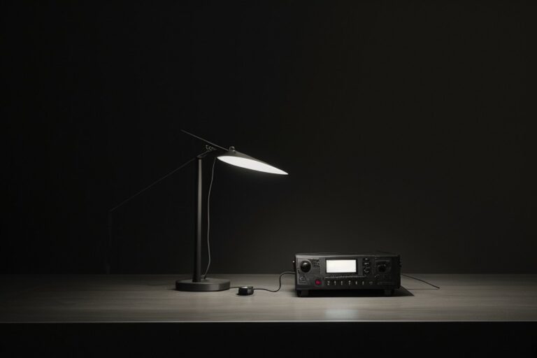 Czarne urządzenie radiowe z wyświetlaczem i lampka biurkowa na stole w ciemnym pomieszczeniu